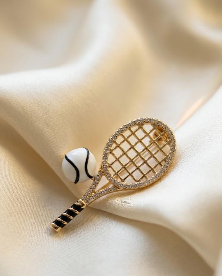 Gold Tennis Racket Brooch Pin Luxury Blazer Pin Tiny Tennis Lover Gift Quiet Luxury Lapel Accessory Women
