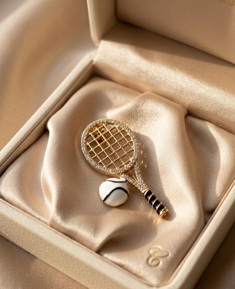 Gold Tennis Racket Brooch Pin Luxury Blazer Pin Tiny Tennis Lover Gift Quiet Luxury Lapel Accessory Women