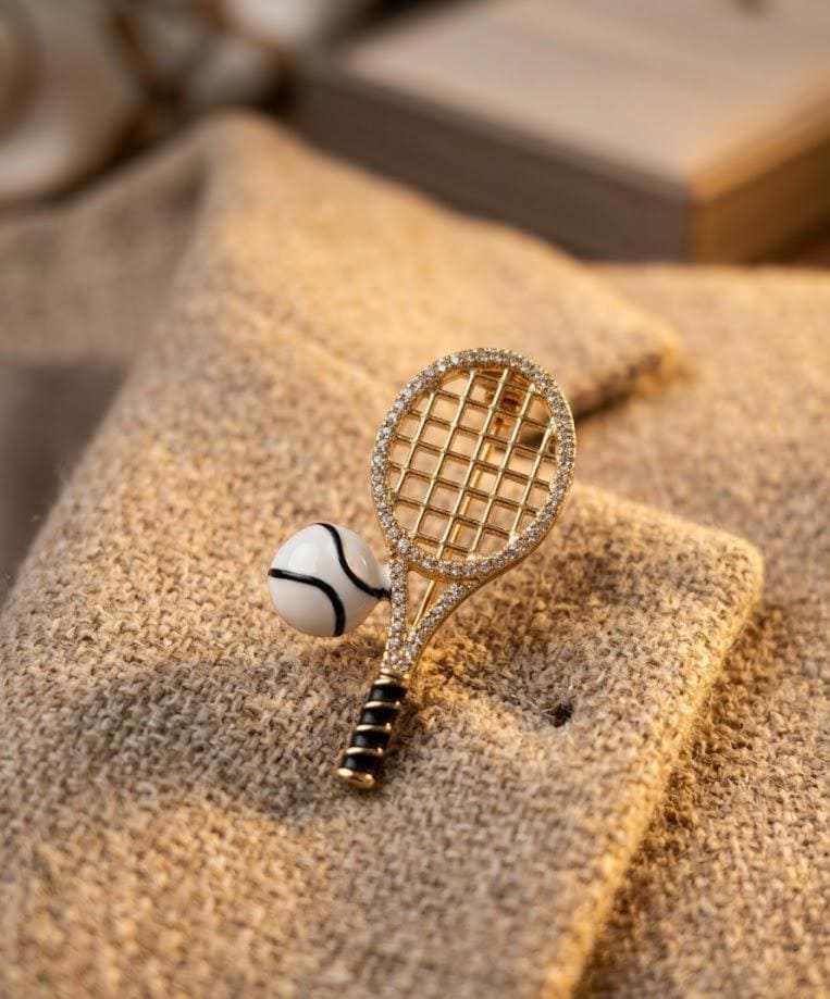 Gold Tennis Racket Brooch Pin Luxury Blazer Pin Tiny Tennis Lover Gift Quiet Luxury Lapel Accessory Women