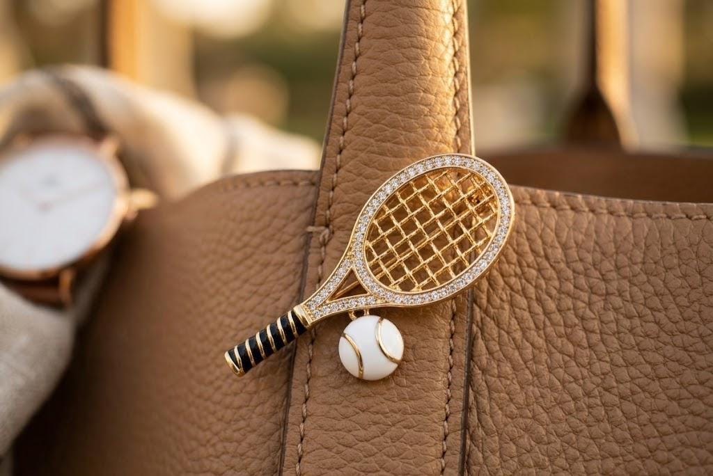Gold Tennis Racket Brooch Pin Luxury Blazer Pin Tiny Tennis Lover Gift Quiet Luxury Lapel Accessory Women