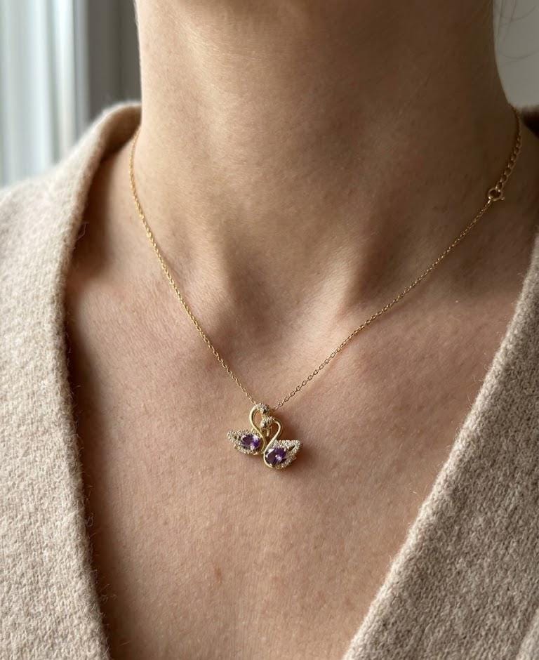 Gold Swan Necklace Purple Crystal Swan Pendant Dainty Bird Charm Necklace Elegant Gift for Women Bonita Jewelry