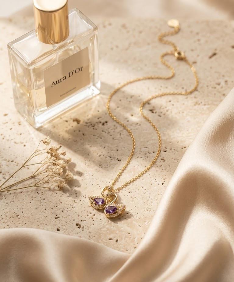 Gold Swan Necklace Purple Crystal Swan Pendant Dainty Bird Charm Necklace Elegant Gift for Women Bonita Jewelry