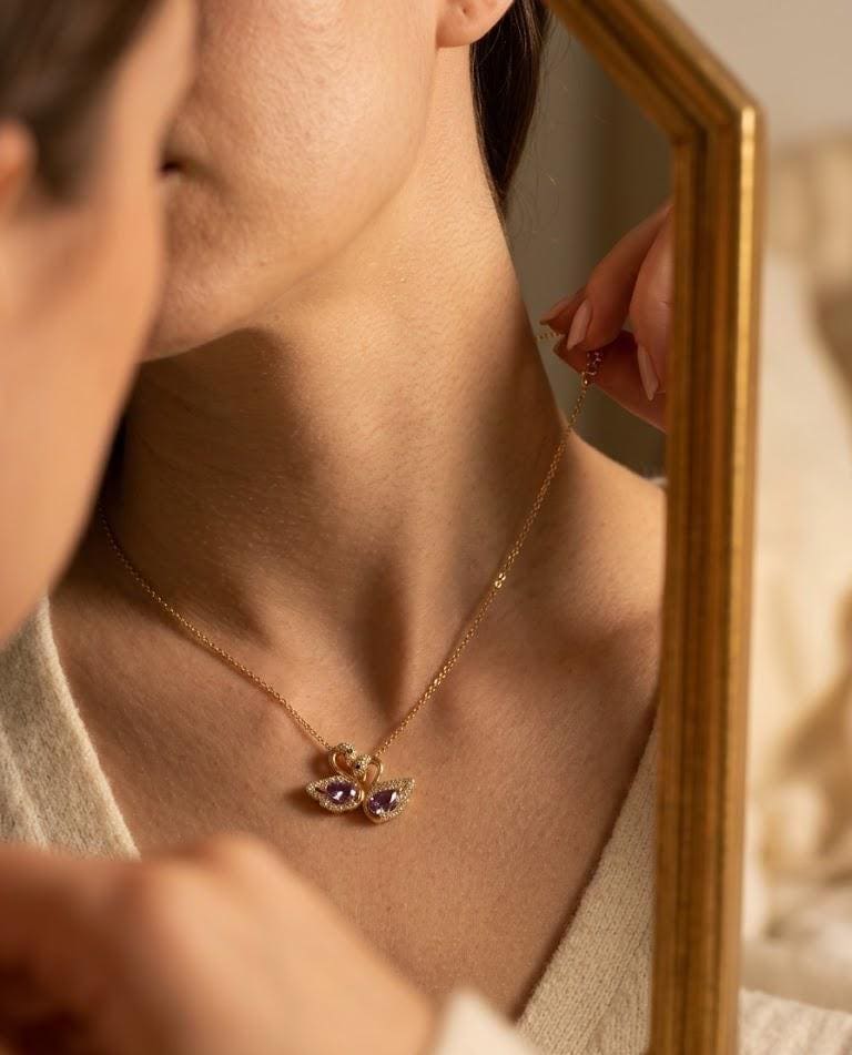 Gold Swan Necklace Purple Crystal Swan Pendant Dainty Bird Charm Necklace Elegant Gift for Women Bonita Jewelry