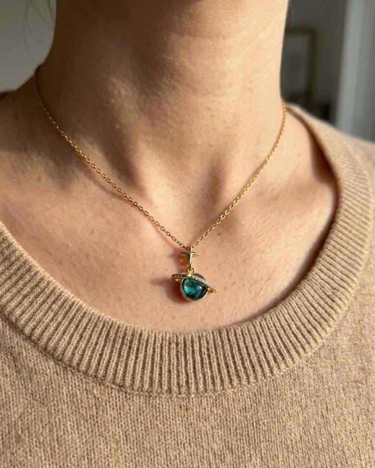Tiny Blue Saturn Necklace Gold Celestial Planet Pendant Dark Navy Glass Stone Star Charm Gift for Her Bonita Jewelry