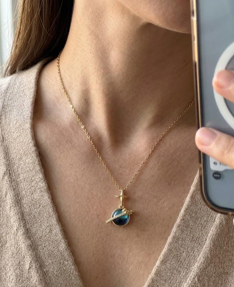 Tiny Blue Saturn Necklace Gold Celestial Planet Pendant Dark Navy Glass Stone Star Charm Gift for Her Bonita Jewelry