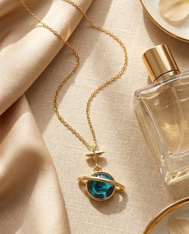 Tiny Blue Saturn Necklace Gold Celestial Planet Pendant Dark Navy Glass Stone Star Charm Gift for Her Bonita Jewelry