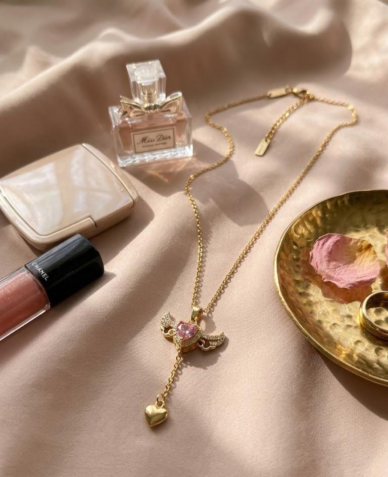 Gold Angel Wing Heart Necklace with Pink Crystal Pendant – Dainty Guardian Jewelry