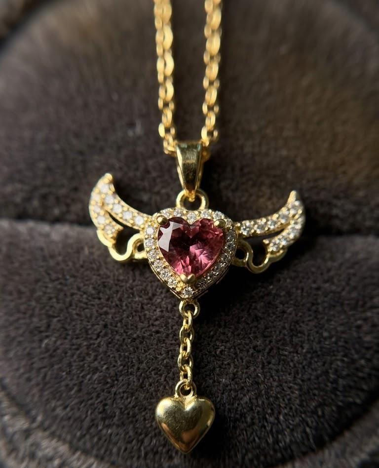 Gold Angel Wing Heart Necklace with Pink Crystal Pendant – Dainty Guardian Jewelry