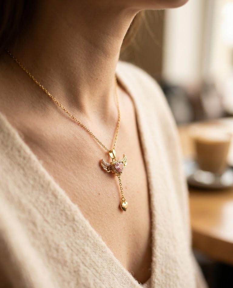 Gold Angel Wing Heart Necklace with Pink Crystal Pendant – Dainty Guardian Jewelry