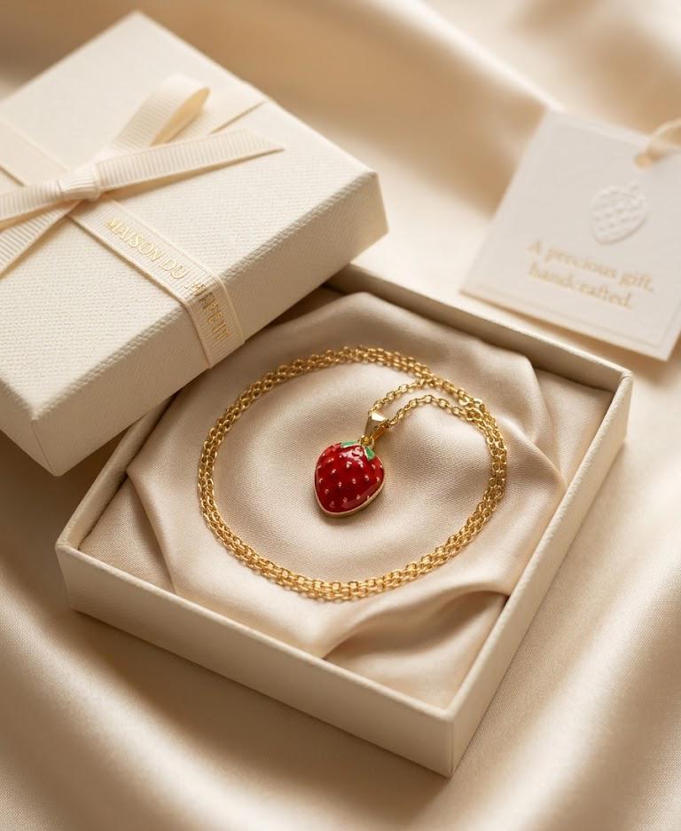 Tiny Strawberry Necklace Gold Enamel Fruit Pendant Dainty Red Berry Charm Coquette Jewelry Gift for Her Summer Necklace