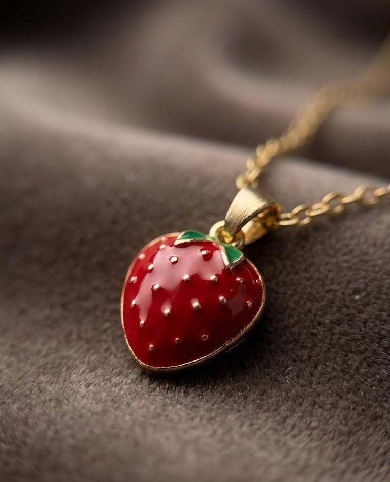 Tiny Strawberry Necklace Gold Enamel Fruit Pendant Dainty Red Berry Charm Coquette Jewelry Gift for Her Summer Necklace