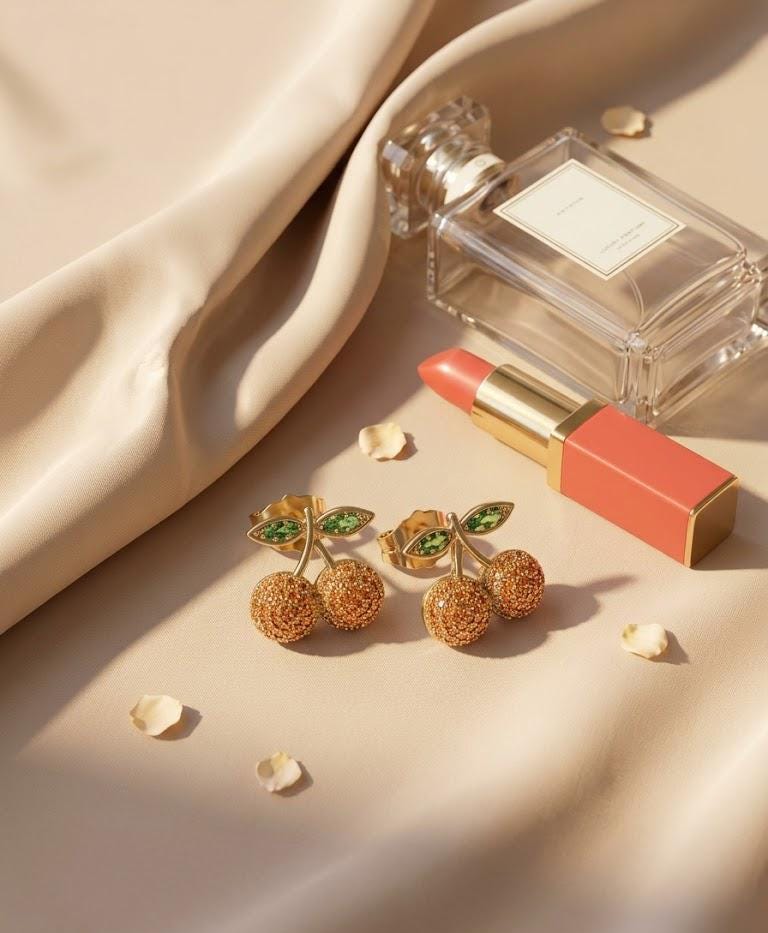 Tiny Cherry Stud Earrings Gold Crystal Fruit Earrings Dainty Orange Cherry Jewelry Coquette Gift for Her Summer Studs