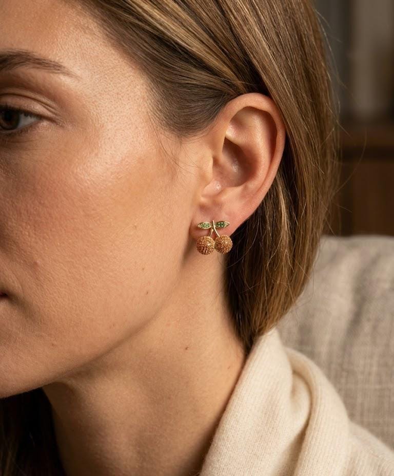 Tiny Cherry Stud Earrings Gold Crystal Fruit Earrings Dainty Orange Cherry Jewelry Coquette Gift for Her Summer Studs