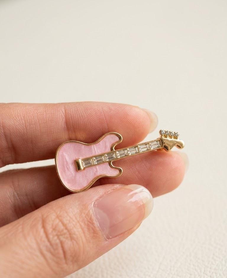 Pink Guitar Brooch Pin, Mother of Pearl Lapel Pin, Coquette Music Gift, Musician Jewelry, Rock Chic Blazer Pin