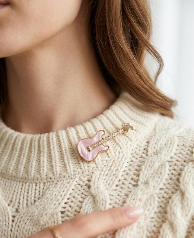 Pink Guitar Brooch Pin, Mother of Pearl Lapel Pin, Coquette Music Gift, Musician Jewelry, Rock Chic Blazer Pin