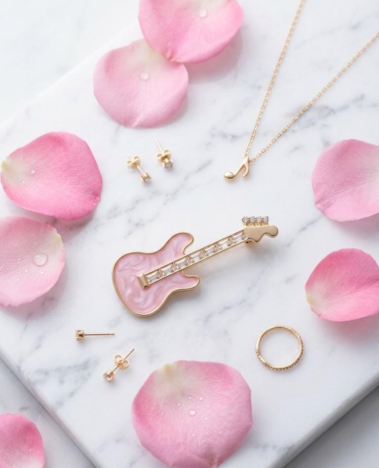 Pink Guitar Brooch Pin, Mother of Pearl Lapel Pin, Coquette Music Gift, Musician Jewelry, Rock Chic Blazer Pin