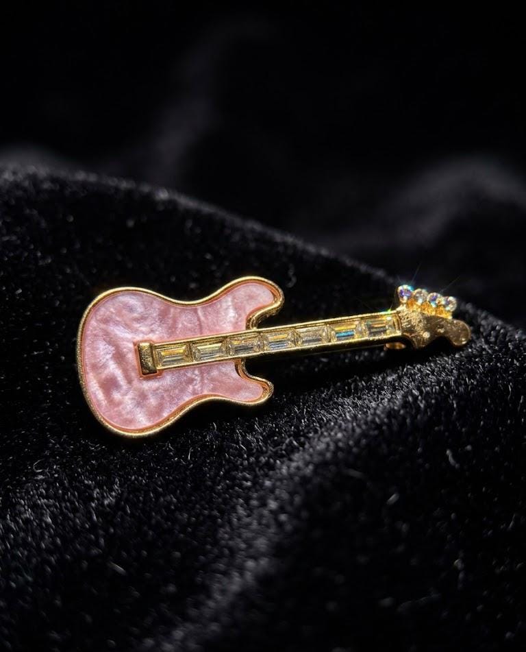 Pink Guitar Brooch Pin, Mother of Pearl Lapel Pin, Coquette Music Gift, Musician Jewelry, Rock Chic Blazer Pin