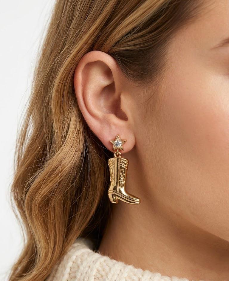 Gold Cowboy Boot Earrings, Western Star Dangle Earrings, Country Music Gift, Nashville Jewelry, Rodeo Earrings Gift for Her