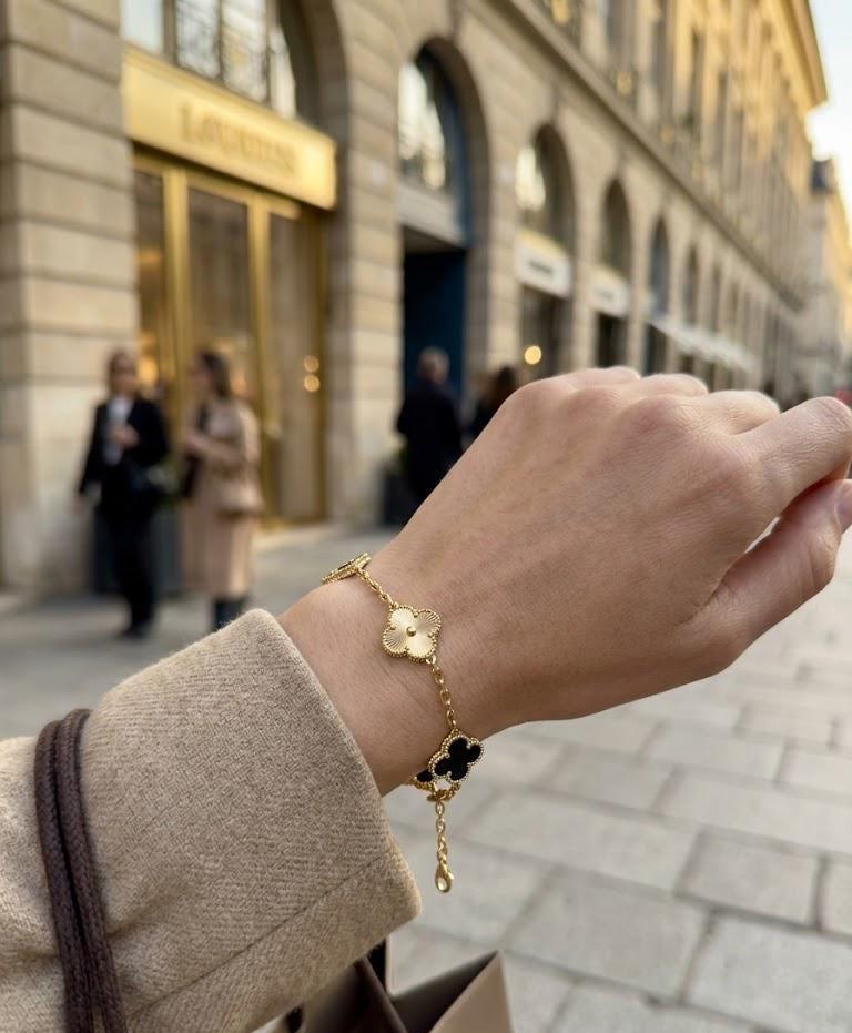 Black Clover Bracelet 18K Gold, Four Leaf Clover Charm Bracelet Women, Dainty Stack Bangle, Minimalist Jewelry Gift for Her