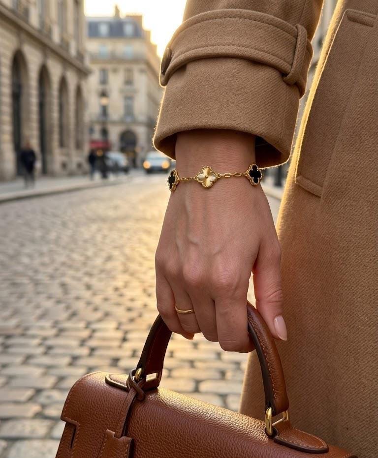 Black Clover Bracelet 18K Gold, Four Leaf Clover Charm Bracelet Women, Dainty Stack Bangle, Minimalist Jewelry Gift for Her