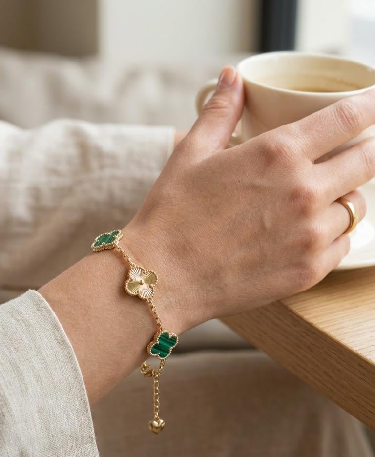 Green Malachite Clover Bracelet 18K Gold Plated | Lucky Four Leaf Charm | Dainty Adjustable Bracelet Gift for Her Birthday