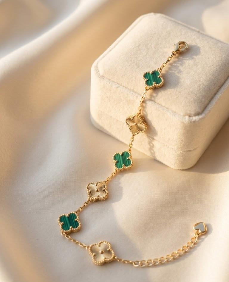 Green Malachite Clover Bracelet 18K Gold Plated | Lucky Four Leaf Charm | Dainty Adjustable Bracelet Gift for Her Birthday