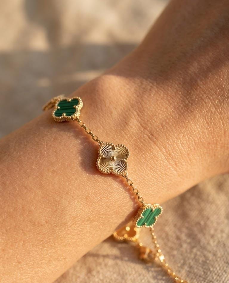 Green Malachite Clover Bracelet 18K Gold Plated | Lucky Four Leaf Charm | Dainty Adjustable Bracelet Gift for Her Birthday