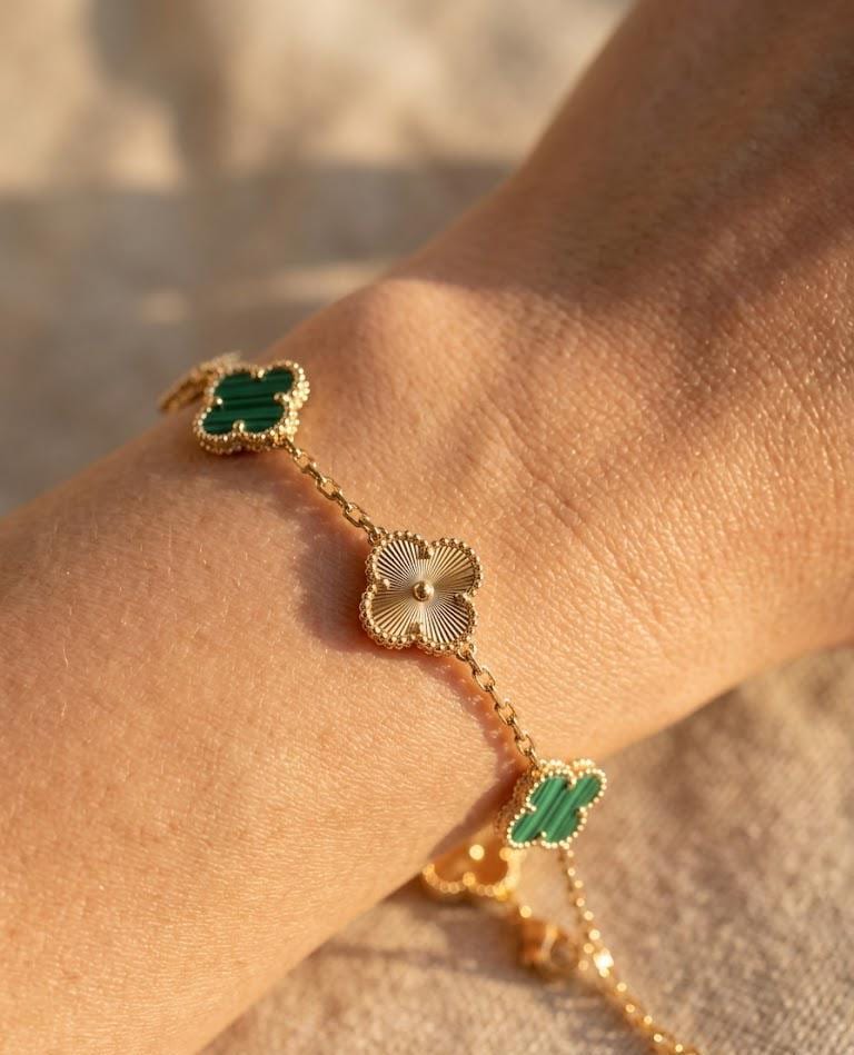 Green Malachite Clover Bracelet 18K Gold Plated | Lucky Four Leaf Charm | Dainty Adjustable Bracelet Gift for Her Birthday