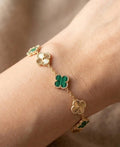 Green Malachite Clover Bracelet 18K Gold Plated | Lucky Four Leaf Charm | Dainty Adjustable Bracelet Gift for Her Birthday