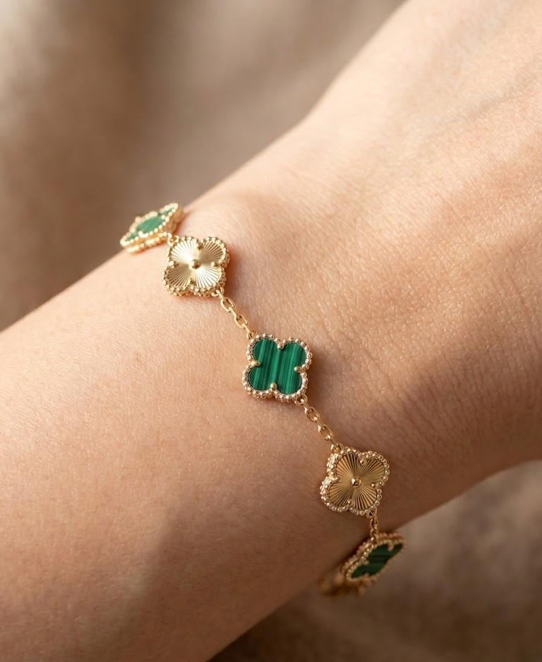 Green Malachite Clover Bracelet 18K Gold Plated | Lucky Four Leaf Charm | Dainty Adjustable Bracelet Gift for Her Birthday