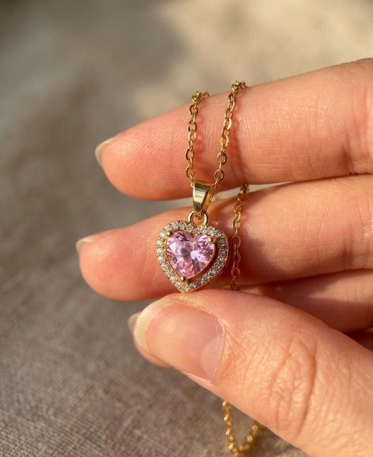 Pink Heart Necklace Gold Plated, Dainty CZ Heart Pendant, Romantic Love Necklace, Gift for Her, Birthday Valentine Jewelry
