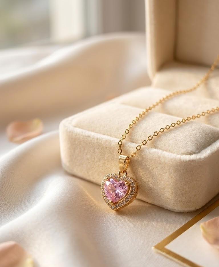 Pink Heart Necklace Gold Plated, Dainty CZ Heart Pendant, Romantic Love Necklace, Gift for Her, Birthday Valentine Jewelry