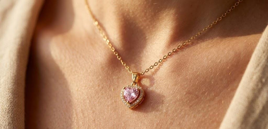 Pink Heart Necklace Gold Plated, Dainty CZ Heart Pendant, Romantic Love Necklace, Gift for Her, Birthday Valentine Jewelry